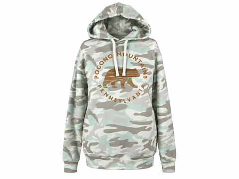 Pocono Mountains Bear Camo Hooded Sweatshirt in muted blue, gray and off-white camouflage with brown bear graphic