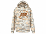 Pocono Mountains Bear Camo Hooded Sweatshirt in muted peach-pink, gray and off-white camouflage with brown bear graphic