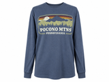 Pocono Mountains Vivid View Long Sleeve Tee in Denim Blue with vintage mountain and forest graphic