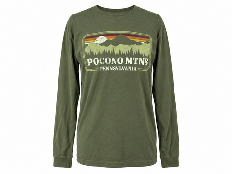 Pocono Mountains Vivid View Long Sleeve Tee in Olive with vintage mountain and forest graphic