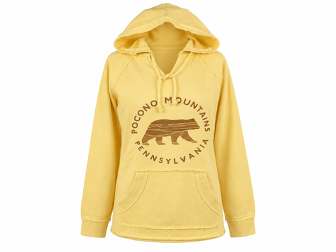 Pocono Mountains Bear V-Neck Hooded Sweatshirt in Butter